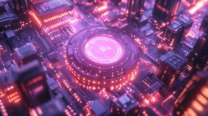A futuristic circuit board with glowing elements and intricate designs.
