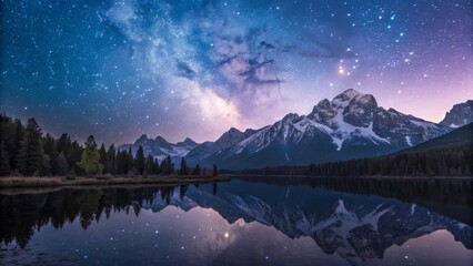 Milky Way over Snow-Capped Mountains Night Landscape Photography, Composition Reflection, Image Stars, Mountains, Lake. Astrophotography, Night Sky Astrophotography, Landscape
