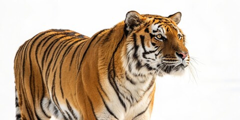 Obraz premium Majestic Siberian Tiger Profile, White Background, Wildlife Photography, Animal Portrait Siberian tiger, wildlife photography