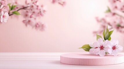 Pink spring product podium nestled among blossoming flower sakura trees and verdant grass, embodying delicate springtime tranquility