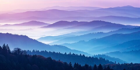 Obraz premium Misty Mountain Layers Blue and Purple Hues, Landscape Photography, Serene Nature, Mountains, Landscape