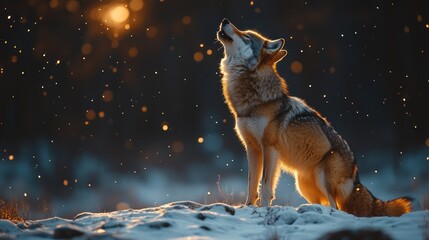 Obraz premium A wolf howling in a snowy landscape, illuminated by warm light amidst falling snowflakes.
