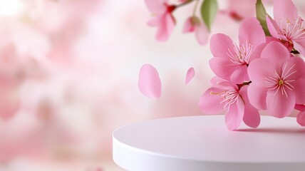Soft cherry blossom flower petals drifting onto white podium, presenting elegant product showcase against pale pink spring background