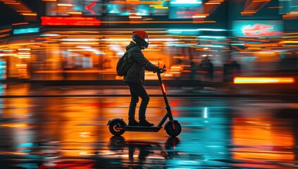 Fototapeta premium A Night Rider on a Scooter in the Neon Glow of City Lights