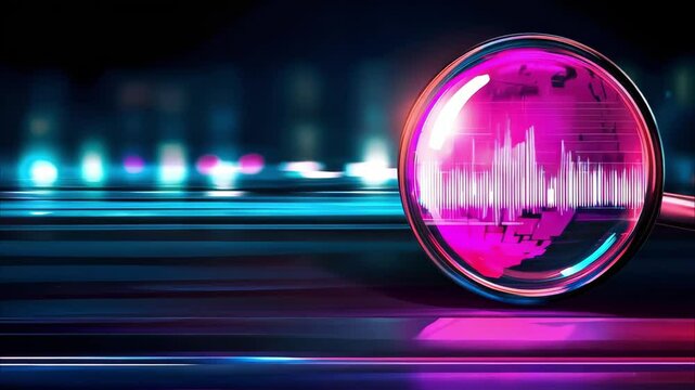 A magnifying glass overlaid with sound wave patterns and vibrant neon colors, suggesting a focus on sound analysis or technology.