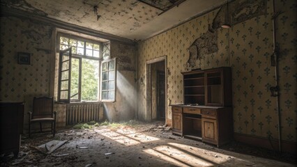 Sunlit Decay Abandoned Room Composition, Dust Motes, Floral Wallpaper, Architectural Photography, Interior, Abandoned House, Ruins Abandoned places