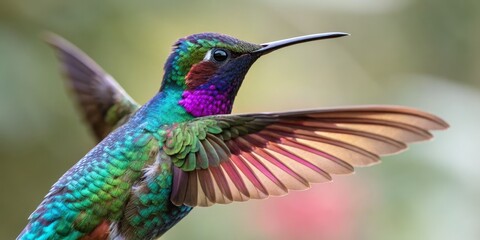 Obraz premium Vibrant Hummingbird in Flight Close-up Composition, Jewel-toned Plumage, Wings Spread, Nature Photography, Wildlife Hummingbird, Bird Photography