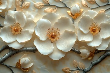 Elegant floral relief artwork featuring blossoms and branches.