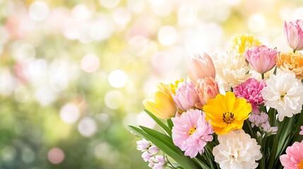 Blooming Spring Flowers Bouquet Colorful Tulips and Hyacinths against Blurred Green Backdrop.
