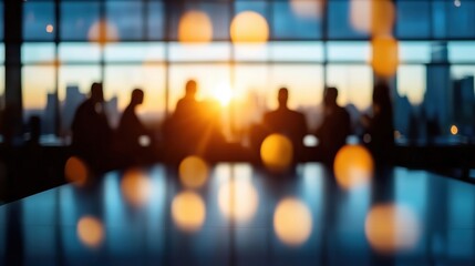 A group of people silhouetted against a sunset in a modern office setting.