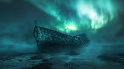 A Tranquil Evening Scene of a Boat Gliding Across Calm Ocean Waters Beneath a Mesmerizing Green Aurora Illuminating the Night Sky Creating a Dreamlike Atmosphere of Serenity