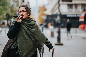 Fototapeta premium A person standing outdoors on a street, dressed warmly, using a smart phone for communication in an urban setting, surrounded by city elements including traffic and pedestrians, with a thoughtful