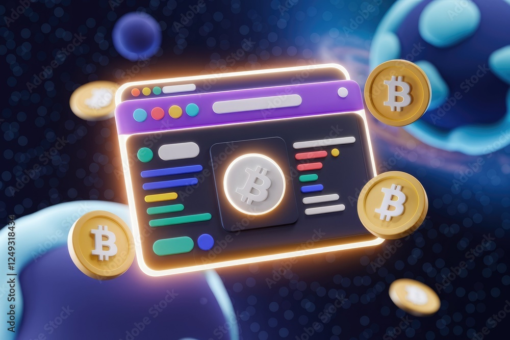 Aufkleber 3D illustration of a website interface showcasing Bitcoin cryptocurrency in a space background.