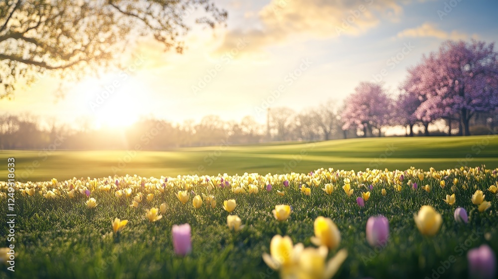 Poster blossoming field at dawn with trees in the background in a grassy meadow during golden hour.