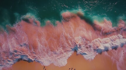 Obraz premium Aerial view ocean waves crashing on sandy beach, people relaxing
