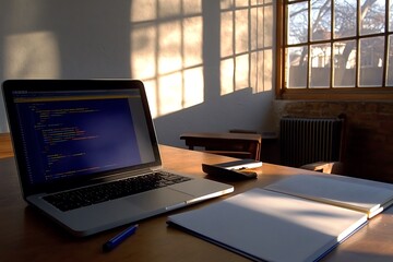 Laptop workspace bathed in morning sunlight