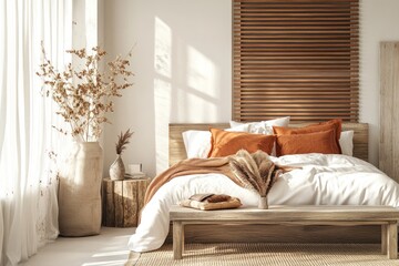 Cozy modern bedroom with warm wooden tones and natural elements. Sunlight streams into the space, highlighting the comfortable bedding and decorative accents.