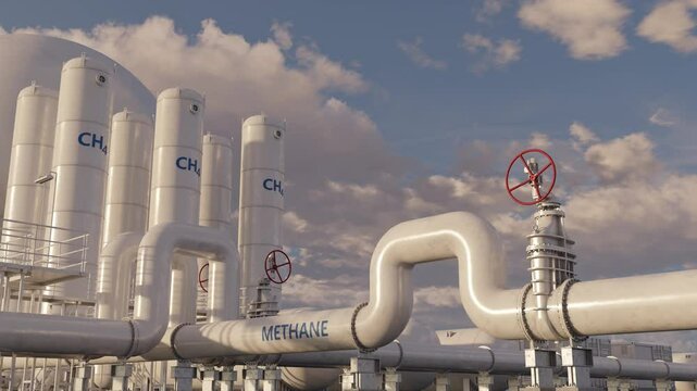 Flare gas recovery systems are facilities that capture and reuse methane gas in the petroleum industry, providing both economic and environmental benefits. Time lapse. 3D rendering