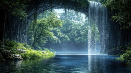 Waterfall cascading into tranquil pool, lush forest backdrop; nature serenity scene