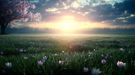 Naklejka premium Blossoming Meadow at Dawn with Radiant Sunlight and a Solitary Tree in Springtime.