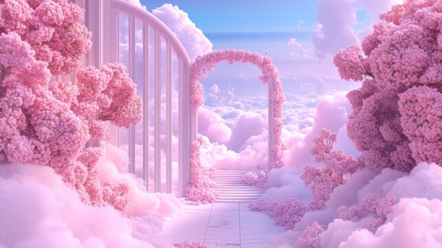 Blossoming Pink Archway Path Among Clouds with Sky Above Leading to Mystical Steps.