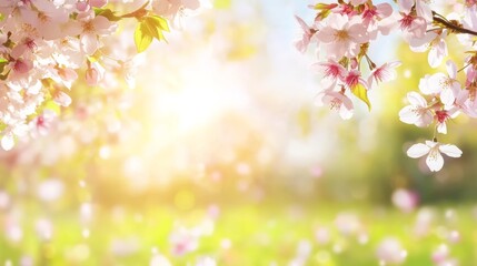 Fototapeta premium Blossoming Springtime Flowers in a Sunny Garden with Soft Light and Falling Petals.