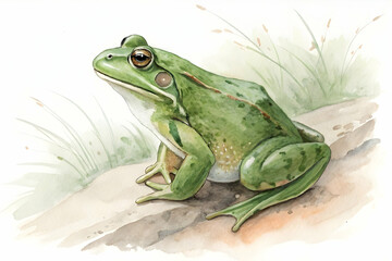 Obraz premium A detailed illustration of a green frog perched on a rock surrounded by soft grass, showcasing its vibrant colors and unique features.