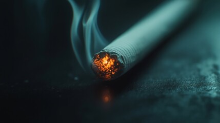 A close-up of a burning cigarette with smoke curling upwards against a dark background.