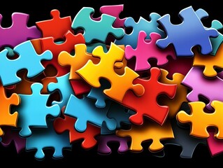 Colorful jigsaw puzzle pieces scattered against a dark background with reflections