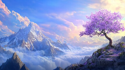 Blossoming Tree on Mountain Path with Distant Peaks and Misty Clouds at Golden Sunrise Light.