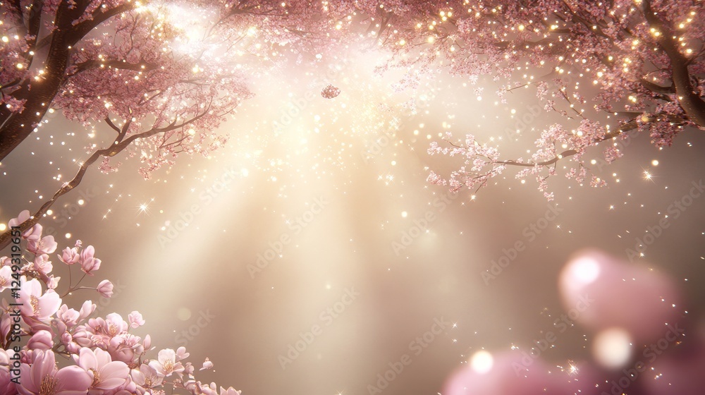 Poster blossoming trees with beams of light shining through and sparkling particles in the air.
