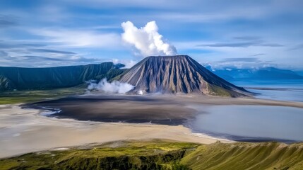 Aerial View Of Steaming Volcanic Cone And Lake