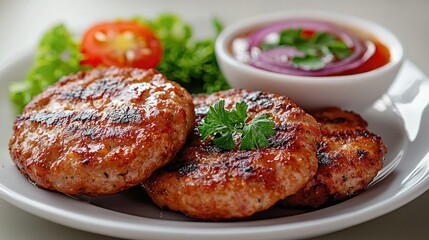 Grilled Meatballs on Plate with Salad and Sauce