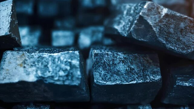 A close-up view of shiny, dark metallic or mineral blocks with a textured surface.