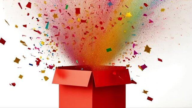 Red gift box exploding with colorful confetti and glitter, festive celebration concept with vibrant party elements on white background, birthday holiday greeting video