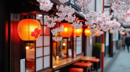 Warm glow from lanterns highlights cherry blossoms along a traditional street bustling with evening visitors