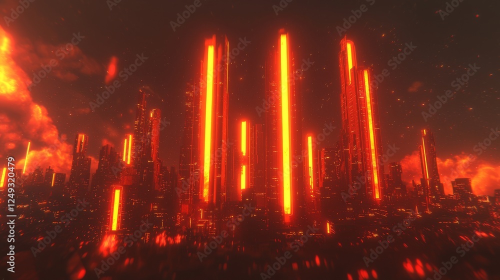 Poster a futuristic cityscape with towering structures illuminated by fiery orange lights, creating a drama