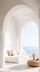 Bright, airy lounge area features a comfortable sofa and stunning ocean views through large arches