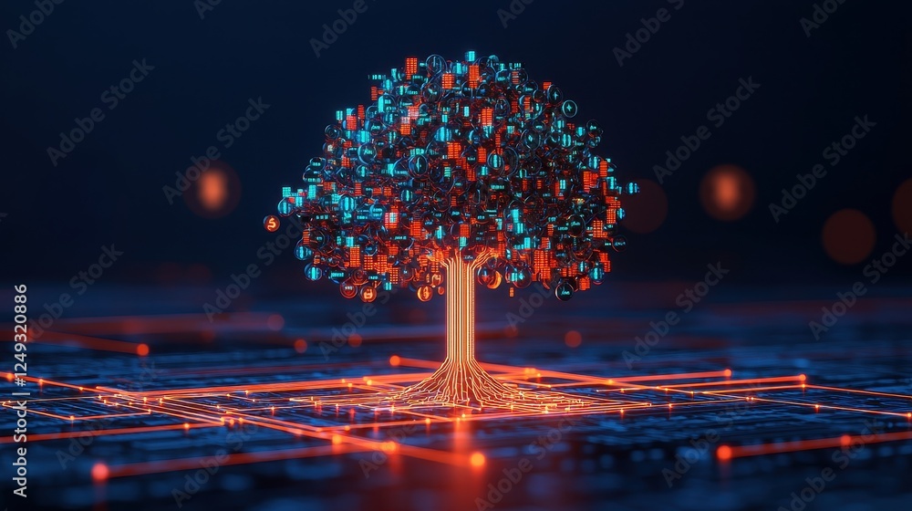 Poster a digital tree made of glowing nodes and circuits, symbolizing the fusion of nature and technology i