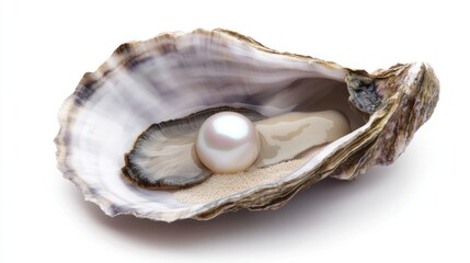 Naklejka premium Close-up of a beautiful pearl nestled in an open oyster shell on a clean white background
