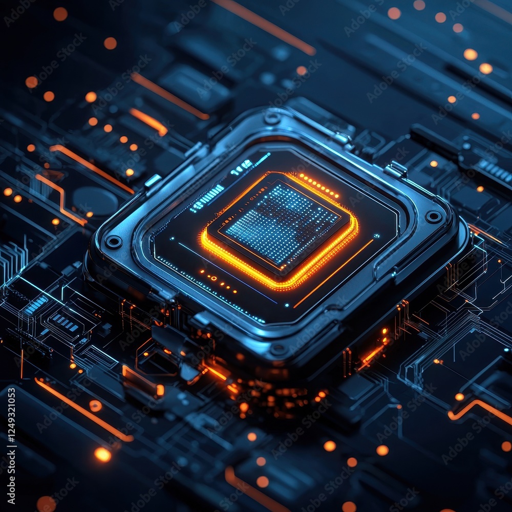 Poster a futuristic microprocessor sits at the center of a glowing circuit board, showcasing intricate patt
