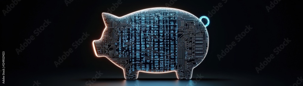 Poster a digital piggy bank illuminated with binary code, representing modern finance, technology, and savi