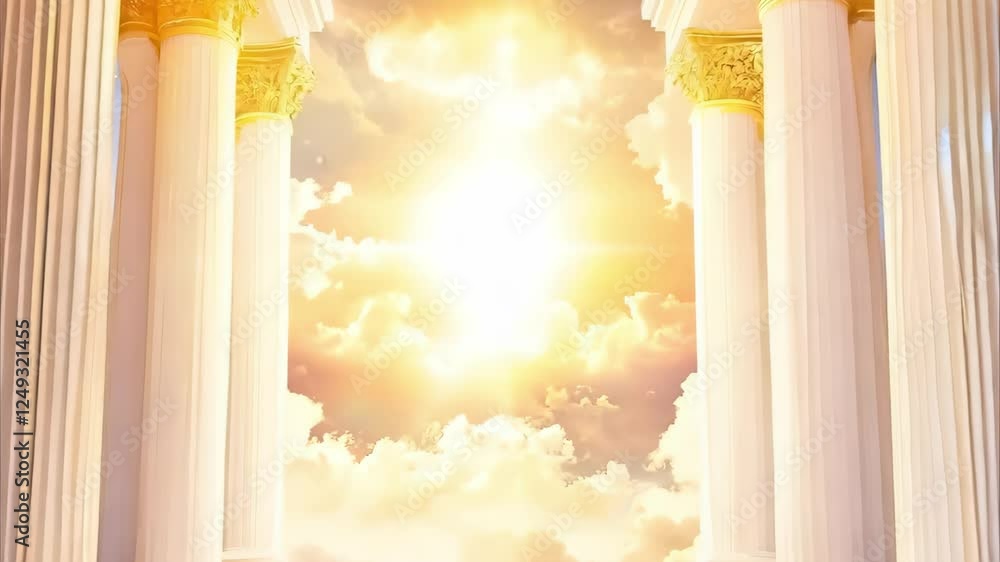 Poster a bright light emanates from behind classical columns, surrounded by clouds, creating a heavenly or 