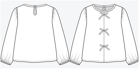 FULL SLEEVES WOVEN TOP WITH  CUTE BOW DETAIL DESIGNED FOR TEEN AND KID GIRLS IN VECTOR ILLUSTRATION FILE