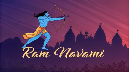 Lord Rama with bow and arrow on night city background. Ram Navami celebration background for religious holiday