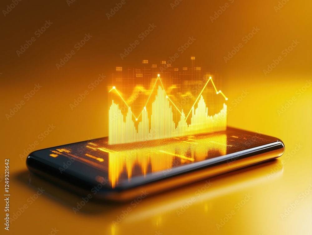 Poster a smartphone displays glowing charts and graphs, symbolizing financial data analysis and digital tec