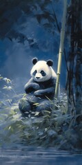 Obraz premium A serene illustration of a panda sitting quietly among bamboo in a tranquil forest setting at twilight.