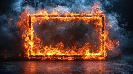 Fiery Frame A blazing rectangular fire outline amidst swirling smoke