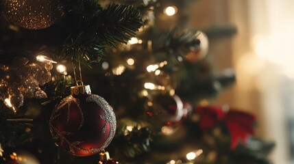 A Christmas tree with a red ornament hanging from it
