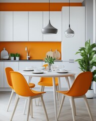 Fototapeta premium Modern kitchen features a white cabinetry and orange accent wall, set with a round table and vibrant chairs for dining